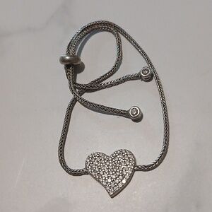 Gorgeous Sterling Silver Heart Bracelet Pave Diamonds  Slider Adjustable
